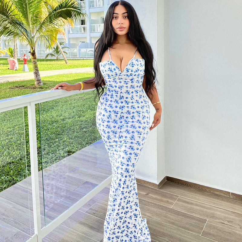 Fashion Flowers Print Suspender Long Dress