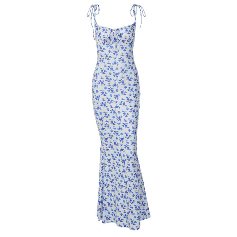 Fashion Flowers Print Suspender Long Dress